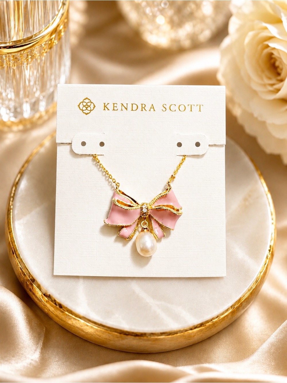 Kendra Scott Dusty Pink Bow Necklace with Pearl Drop
